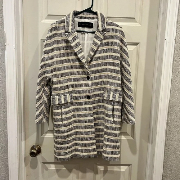 Zara Long Line Striped Gray Coat Pockets Women's Size Medium Bloggers Favorite - Picture 5 of 12